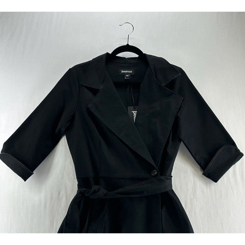 Betabrand Wrap Jacket Dress Womens M Trench Coat Pockets Belted 3/4 Sleeve Black - Picture 3 of 13